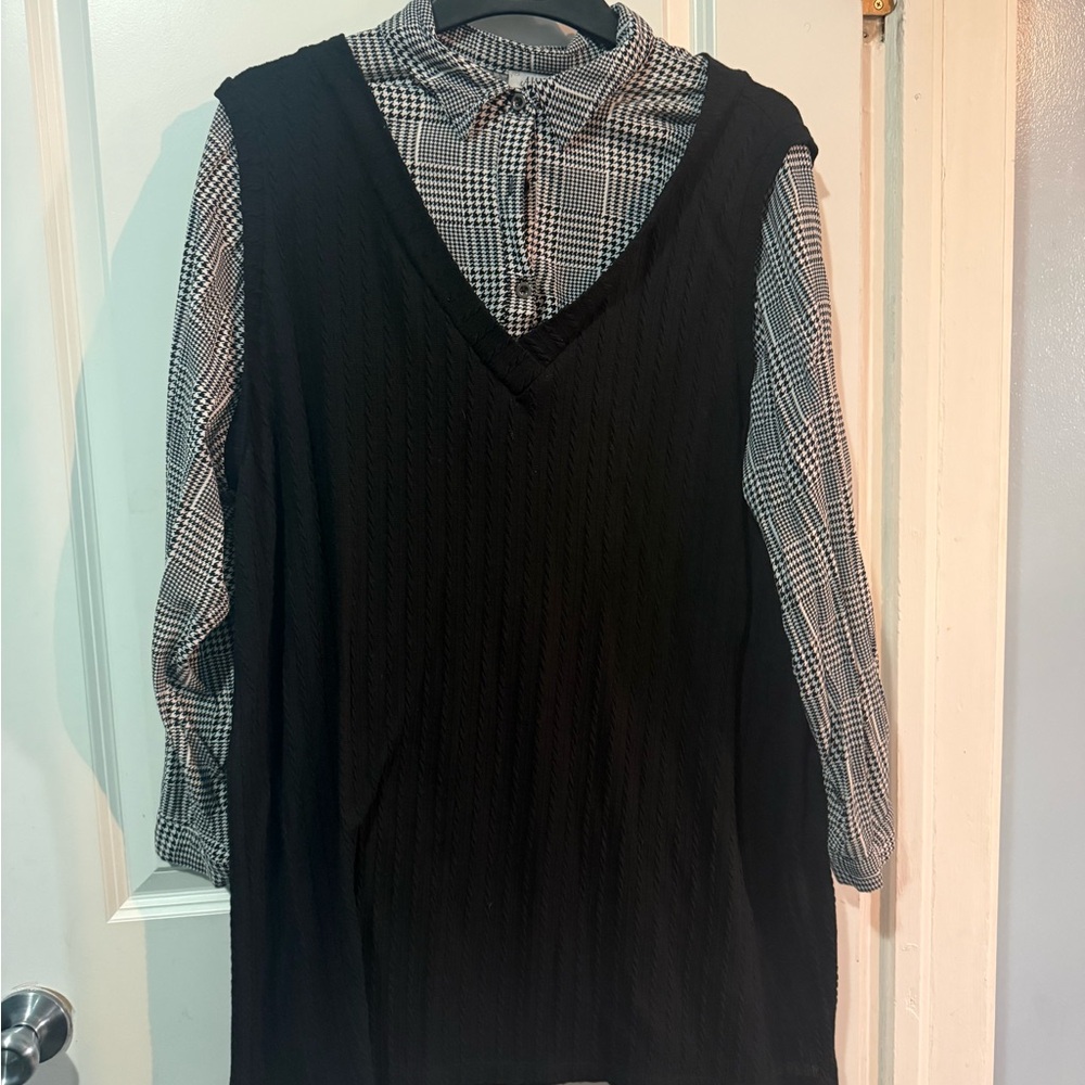 Black Sleeveless Dress with Plaid Shirt